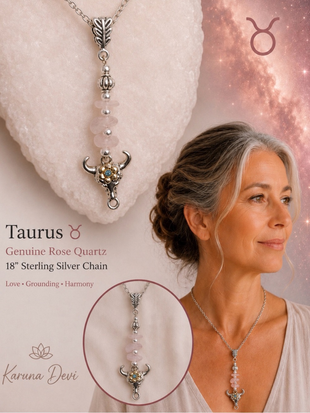 Taurus Rose Quartz Necklace - Sterling